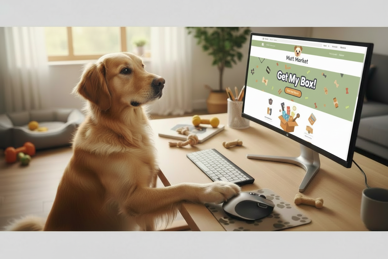 Dog ordering Mutt Market subscription box with neutral website colors